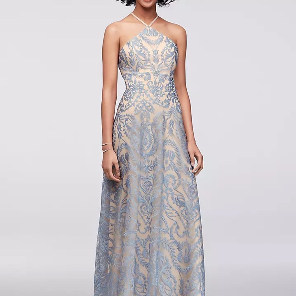 Speechless Light Ice Blue Nude Overlay Winter Formal prom Dress Brocade Halter